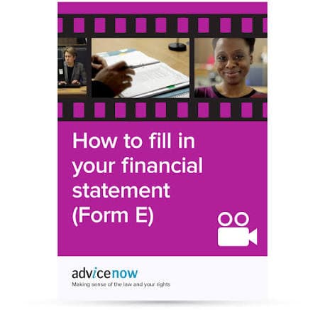 The cover of an Advicenow guide, 'How to fill in your financial statement (Form E)'.