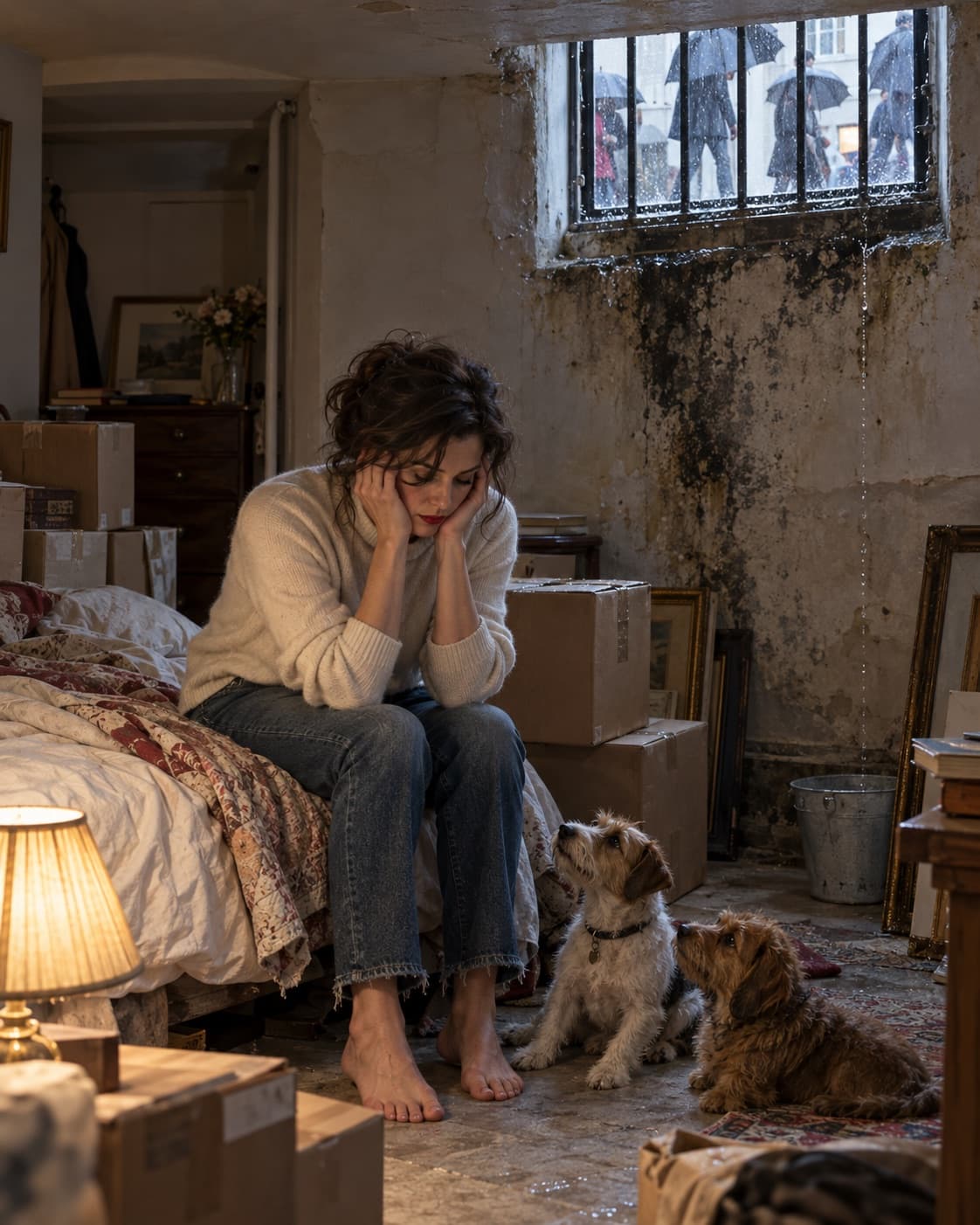 A reconstruction: a woman sits on the edge of a bed in a damp basement room, her head in her hands, two dogs looking up at her among packing boxes and stacked picture frames, black mould on the wall, a bucket catching the drips, and umbrellas passing in the rain on the pavement above the barred window.